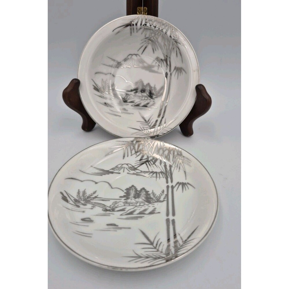Kutani China Vintage Silver Small Bamboo Bowl Anf Saucer 5.5 Inch Made In Japan